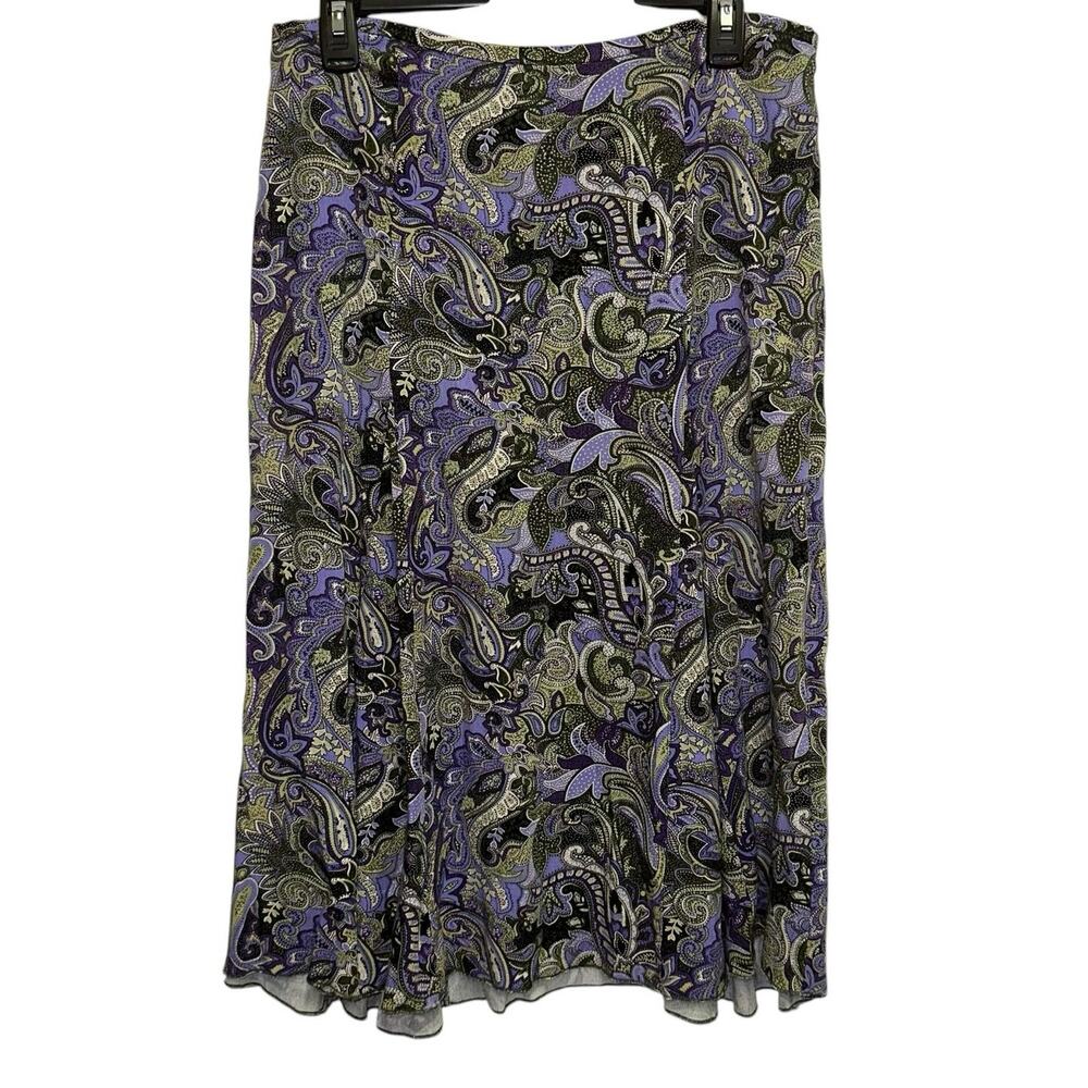 Dress Barn Paisley Skirt Large Purple Green Flowy Midi A-Line Boho Lightweight